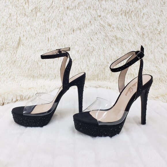 Black rhinestone high heel shoes clear toe strap - Picture 6 of 12